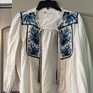 Zara Blue Floral Embroidered White Jacket